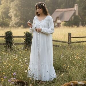 Eileen West White Romantic Prairie Herloom Dream Long sleeve Gown L